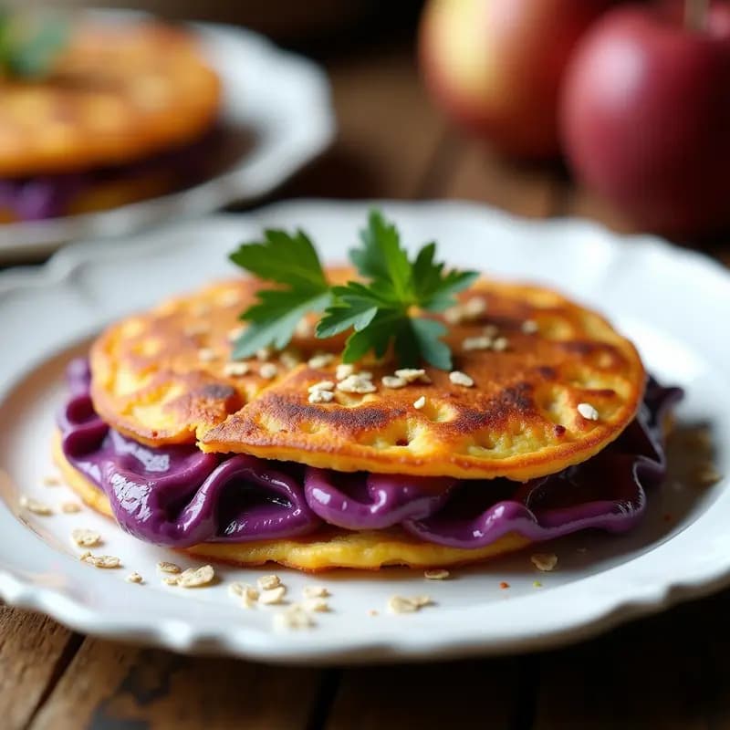 Tortilla esponjosa de camotes morados con huevos y avena, cortada en porciones, con un color vibrante y textura homogénea, servida en plato blanco.