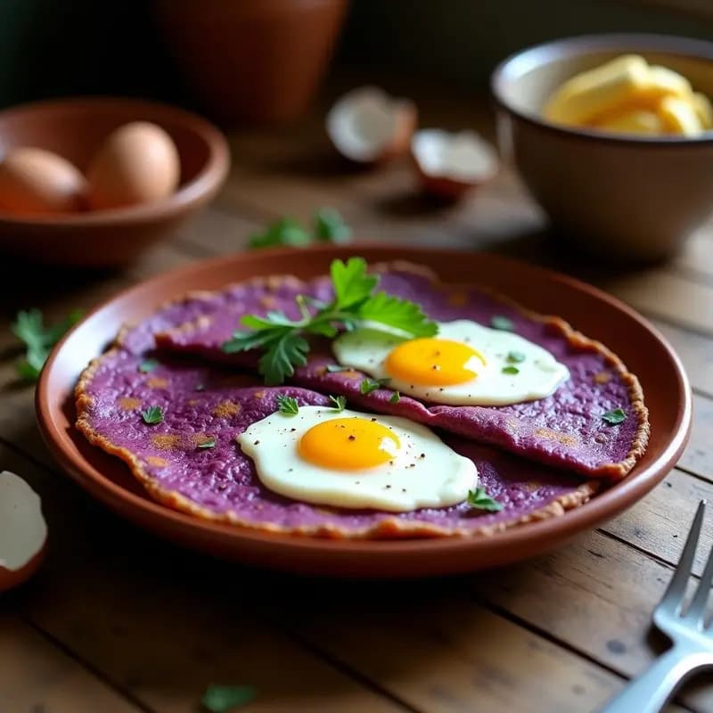Tortilla andina de camote morado y huevos de codorniz servida en plato de barro, con cilantro fresco y fondo rústico.