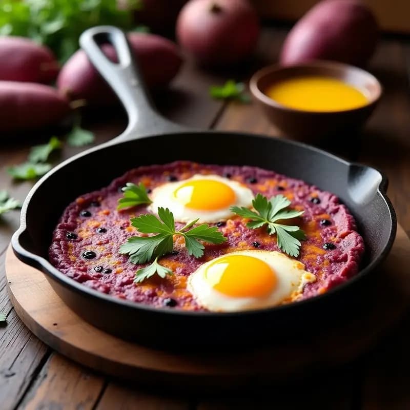 Tortilla dorada de camotes morados y huevos en sartén de hierro, con perejil fresco espolvoreado, receta andina sin gluten.