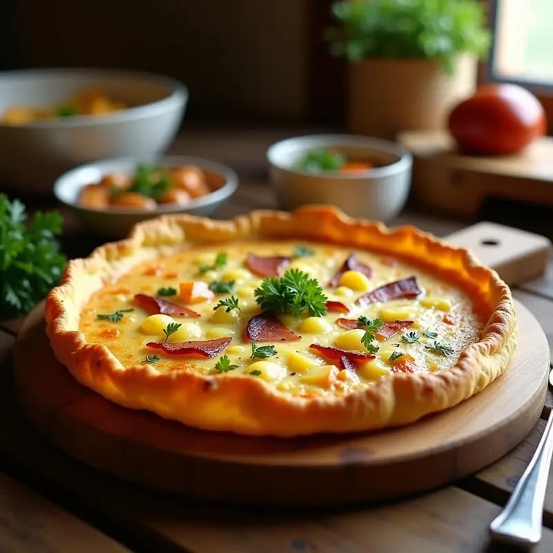 Tortilla campera andaluza dorada y esponjosa en molde redondo, con trozos de chorizo, jamón serrano y patata, preparada en airfryer sobre fondo rústico de madera.