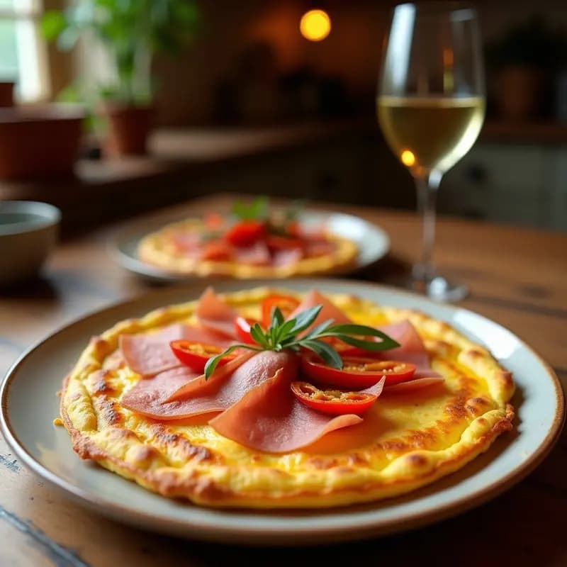 Tortilla campesina andaluza dorada con trozos de jamón ibérico y pimientos rojos asados, servida en plato rústico de barro con perejil fresco.