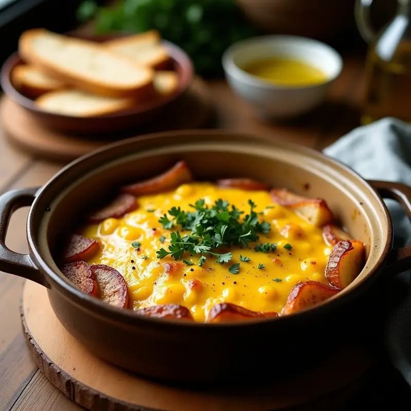 Olla lenta con tortilla campera andaluza, patatas tiernas, cebolla y huevo cuajado, espolvoreada con perejil fresco, receta tradicional de aprovecho.