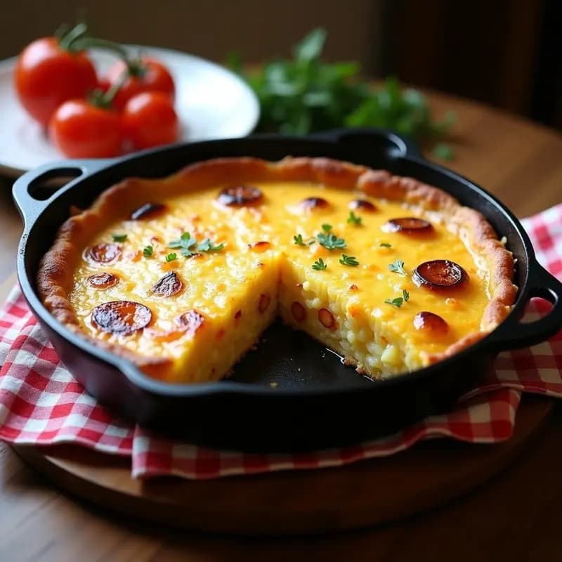 Tortilla campera argentina dorada y esponjosa en sartén de hierro, con trozos de patata y cebolla visibles, servida en plato rústico de barro.