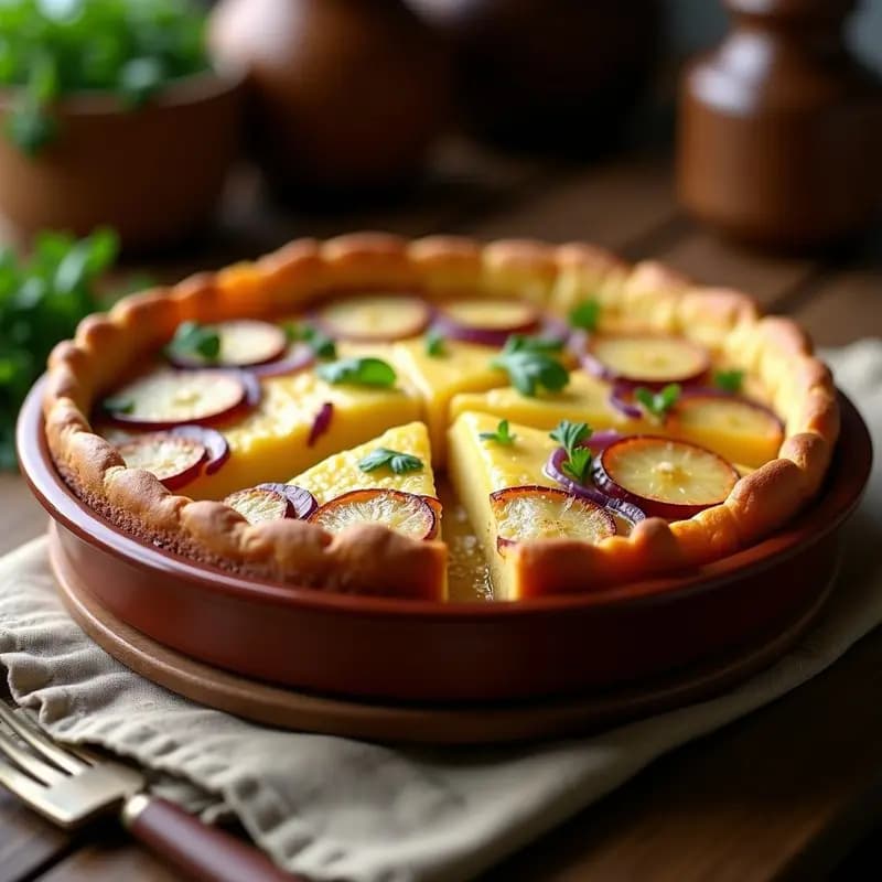Tortilla campera argentina dorada al horno, cortada en porciones, con capas visibles de papa, cebolla y queso derretido, sobre un plato de barro rústico.