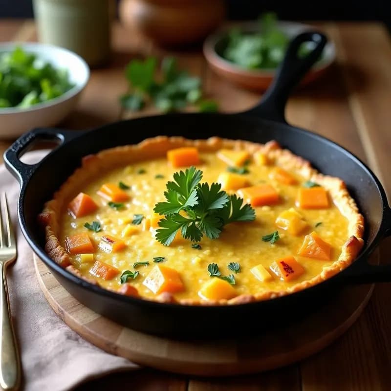 Tortilla campera argentina dorada en sartén de hierro, con trozos de papa y zapallo visibles, espolvoreada con perejil fresco.