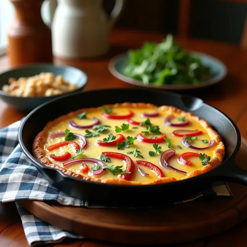 Tortilla campera argentiniana dorada en sartén de hierro, con capas visibles de papa, cebolla, pimiento y queso Tybo derretido, decorada con perejil fresco.