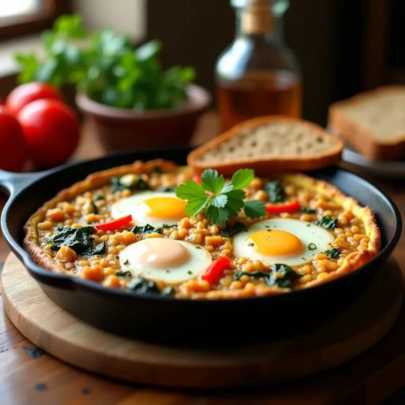Tortilla campera dorada en sartén de hierro con trozos de arroz integral, pimiento rojo y espinacas, servida con queso feta desmenuzado.