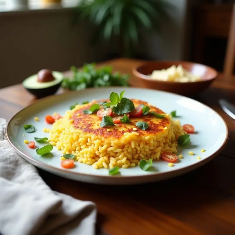 Tortilla campera vegana de arroz integral dorada, con semillas de sésamo en la superficie, servida en plato de barro con ensalada verde de fondo.