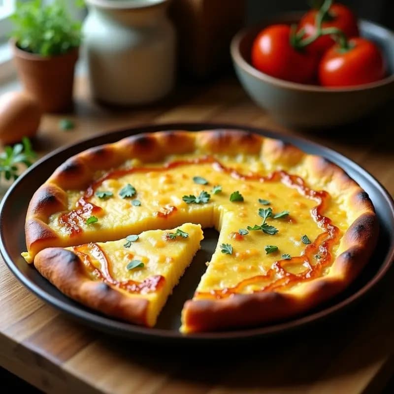 Tortilla campera española dorada por fuera y jugosa por dentro, cortada en porciones sobre un plato rústico de barro, con rodajas de cebolla caramelizada visibles entre las patatas.