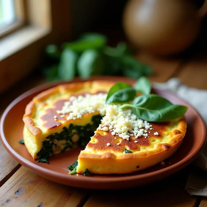 Tortilla campera dorada en olla lenta, rellena de espinacas verdes y hongos portobello, servida en plato rústico de barro con toques de queso manchego.