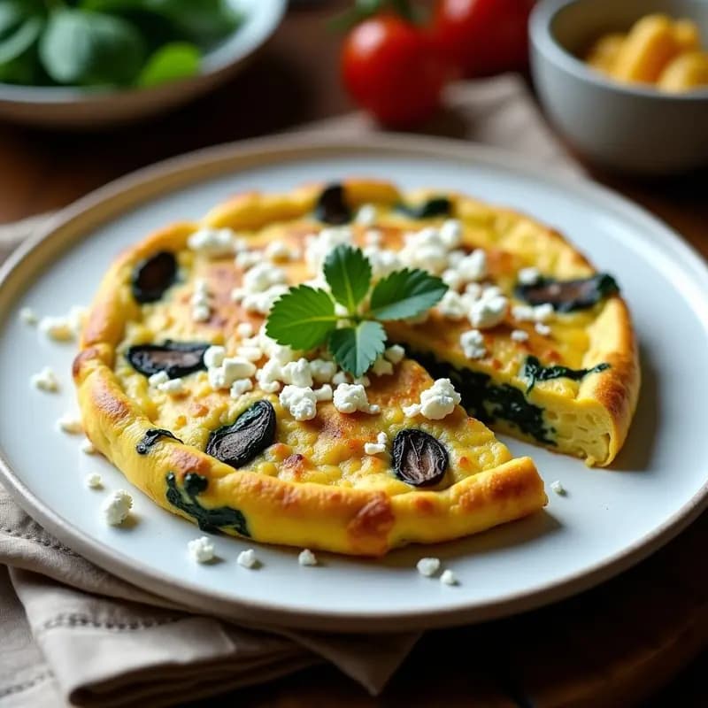 Tortilla campera dorada con trozos de espinacas, hongos portobello y queso feta, servida en un plato blanco rústico con fondo de madera.
