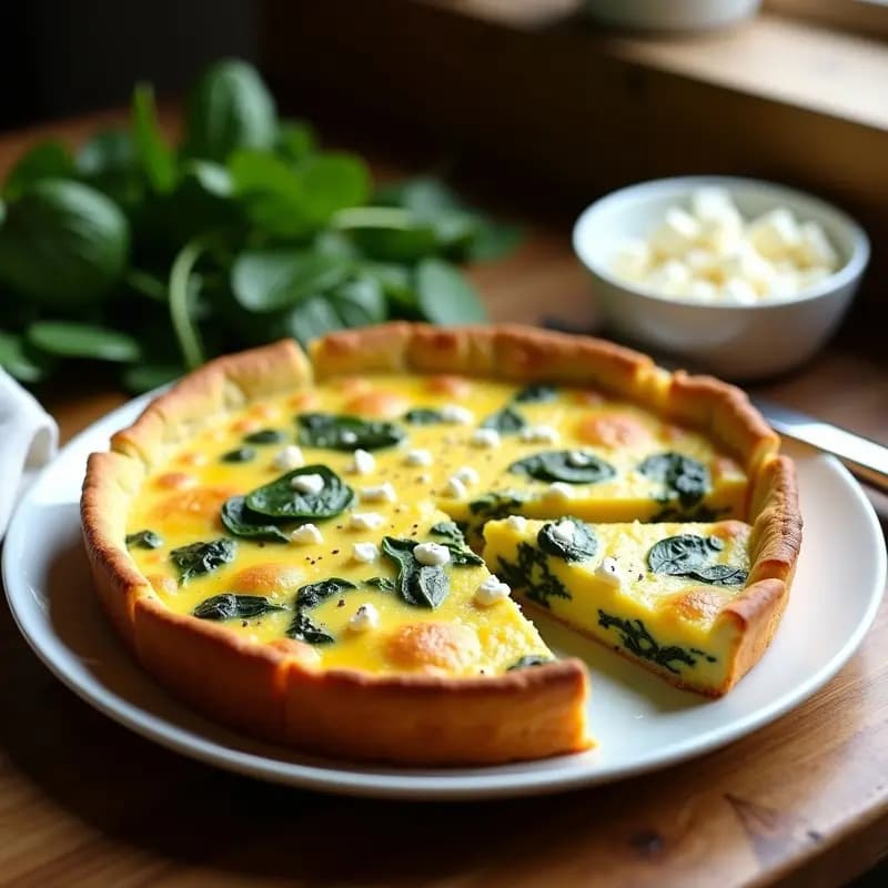 Tortilla campera dorada y esponjosa al horno con espinacas frescas y queso feta, cortada en porciones sobre un plato de cerámica blanca.