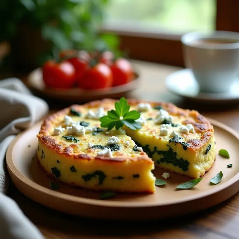 Tortilla campera dorada con espinacas y queso feta en molde de airfryer, receta alta en proteína y baja en calorías.