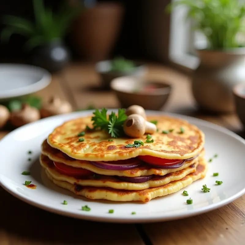 Tortilla campera dorada y jugosa con hongos shiitake, cebolla morada y pimiento rojo, servida en plato blanco sobre fondo de madera rústica, receta airfryer.