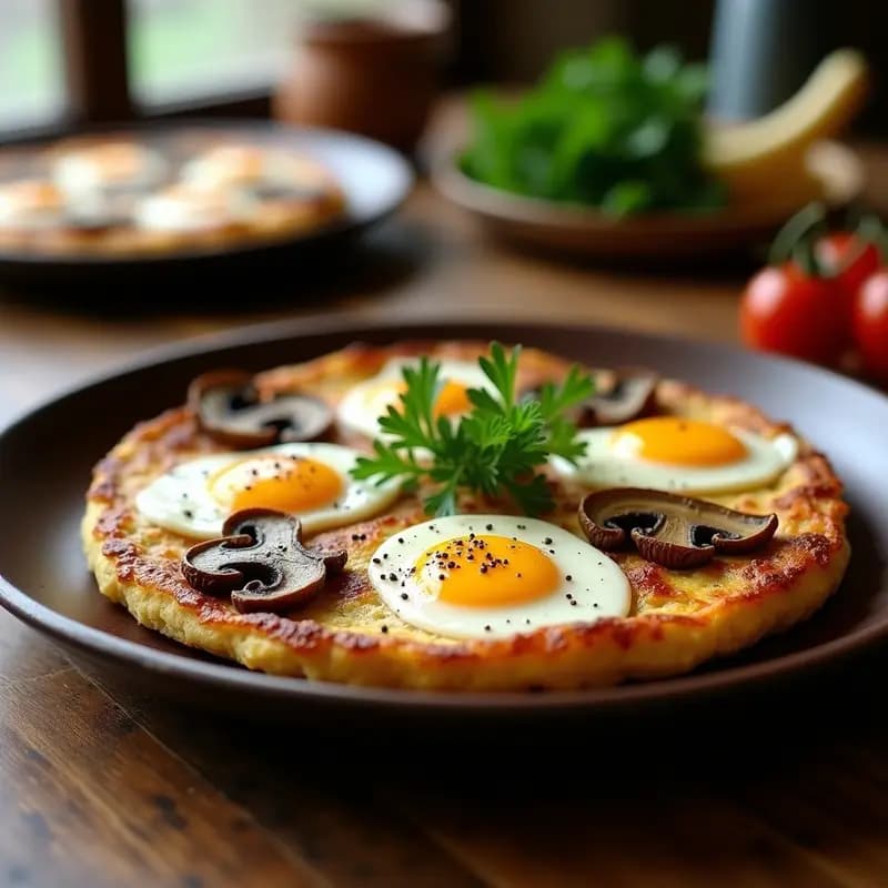 Tortilla dorada y esponjosa con láminas de hongos silvestres salteados, cebolla morada y perejil fresco, servida en plato de barro rústico.