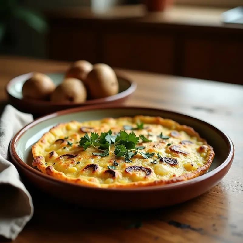 Tortilla campera dorada con trozos de hongos shiitake y patatas, servida en plato rústico de barro con perejil fresco espolvoreado, receta en olla rápida.