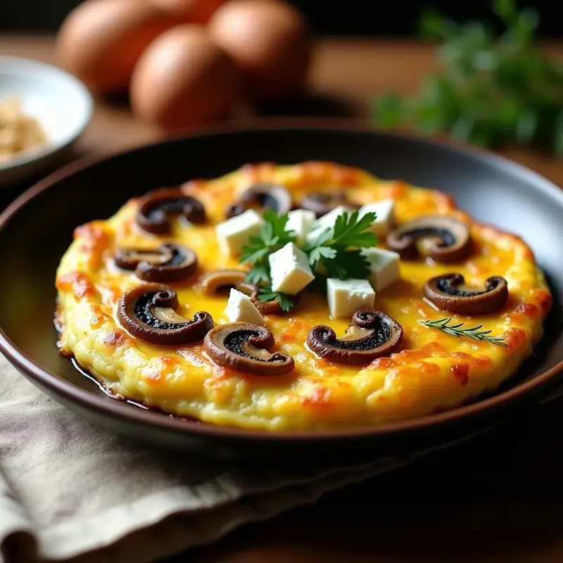 Tortilla dorada y esponjosa con hongos silvestres salteados, cebolla morada y perejil fresco, servida en plato de barro con fondo rústico de madera.