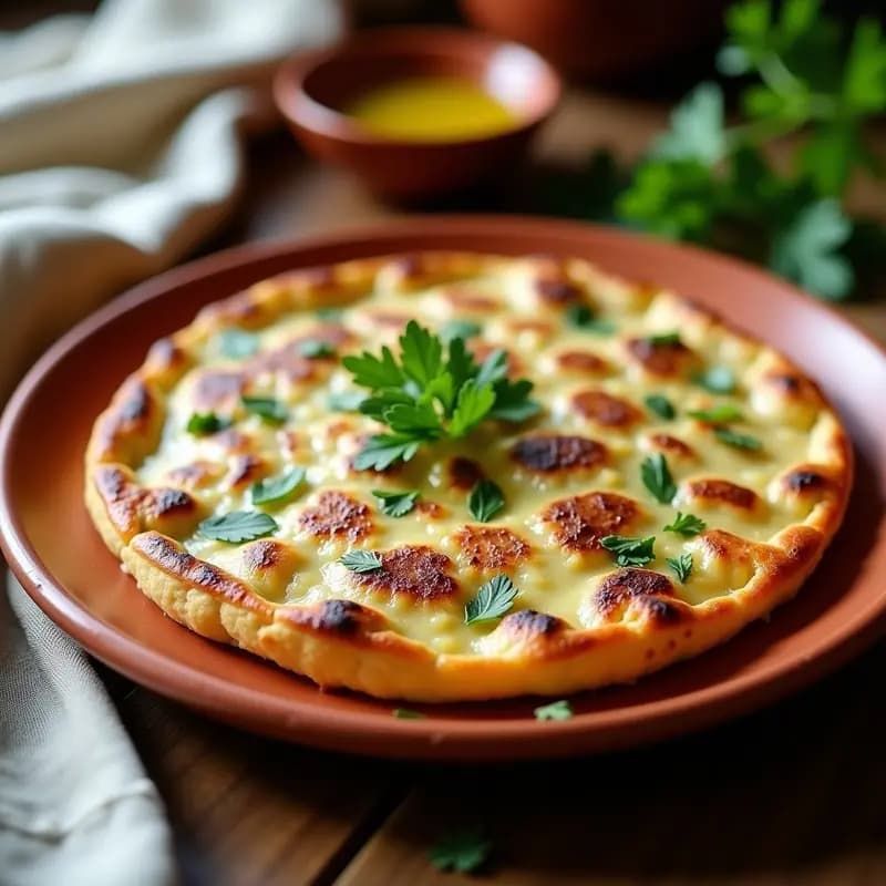 Tortilla campera dorada con trozos de coliflor, cebolla morada y pimiento verde, espolvoreada con perejil fresco y queso manchego rallado, servida en plato de barro rústico.