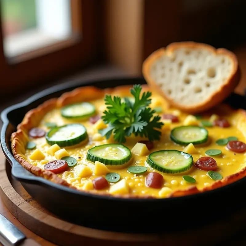 Tortilla campesina dorada en una sartén de hierro con bordes crujientes, rellena de trozos de patata, cebolla y pepino, servida con una rodaja de pan rústico al lado.