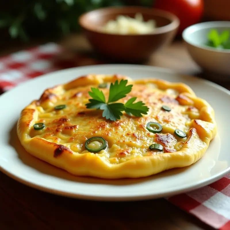 Tortilla campera dorada y esponjosa en olla exprés, con trozos de patata, pimiento verde y cebolla, servida en plato rústico.