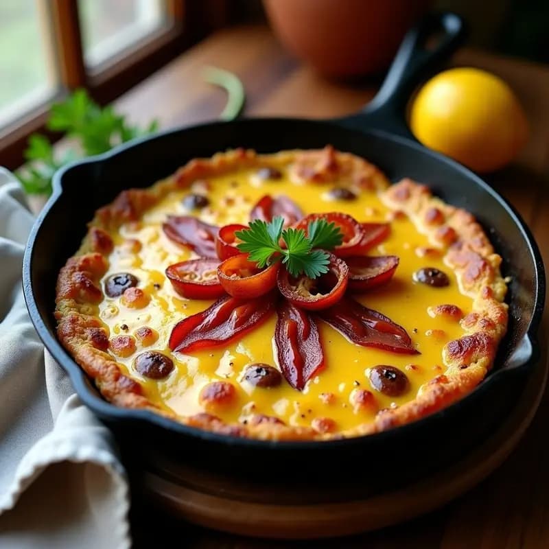 Tortilla campesina uruguaya dorada en sartén de hierro, con trozos de panceta crujiente, queso derretido y papas en su interior, espolvoreada con perejil fresco.