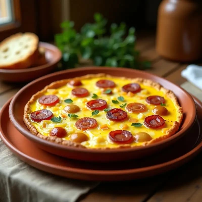 Tortilla de camperos dorada por ambas partes, con trozos de patata, cebolla y chorizo ibérico visible, servida en un plato de barro rústico con un fondo de madera.
