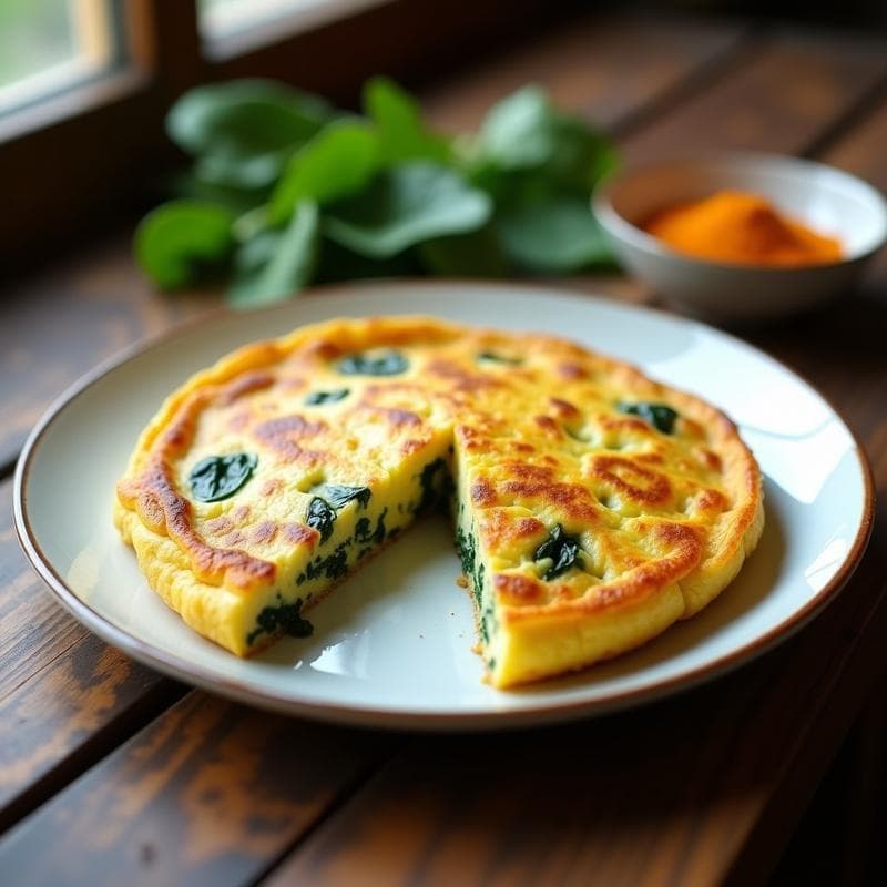 Tortilla dorada y esponjosa de camu camu y espinacas servida en plato blanco, con trozos de espinaca visibles y un toque de color morado por el camu camu. Desayuno amazónico alto en vitamina C.