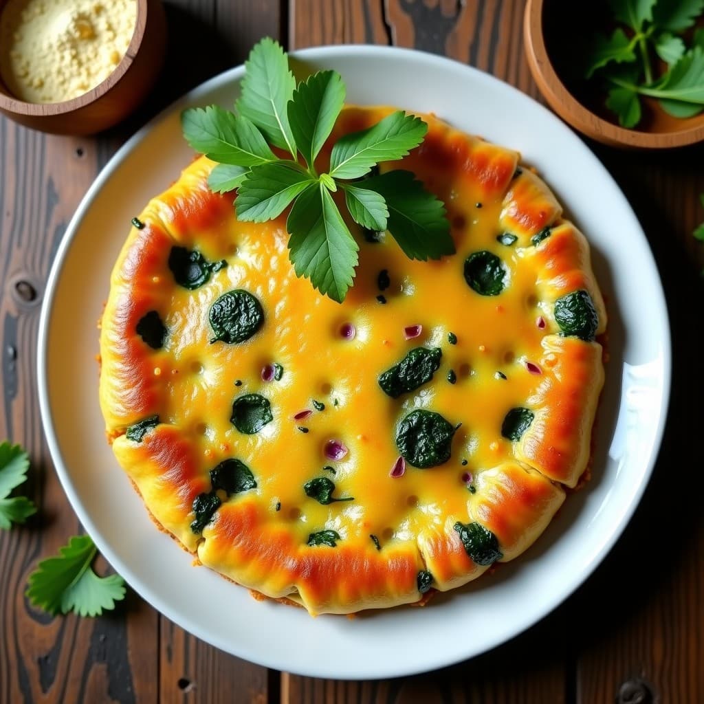 Tortilla dorada y esponjosa de camu camu y espinacas en molde redondo, con tonos vibrantes del polvo de camu camu, servida en plato de cerámica blanca con decoración de cilantro fresco y rodajas de limón, receta peruana vegana y antioxidante.