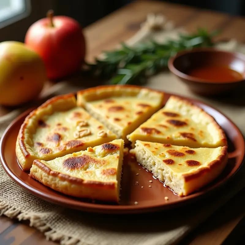 Tortilla dorada de castañas pilongas cortada en gajos, con textura esponjosa y nueces picadas visibles, servida en plato de barro sobre fondo rústico.
