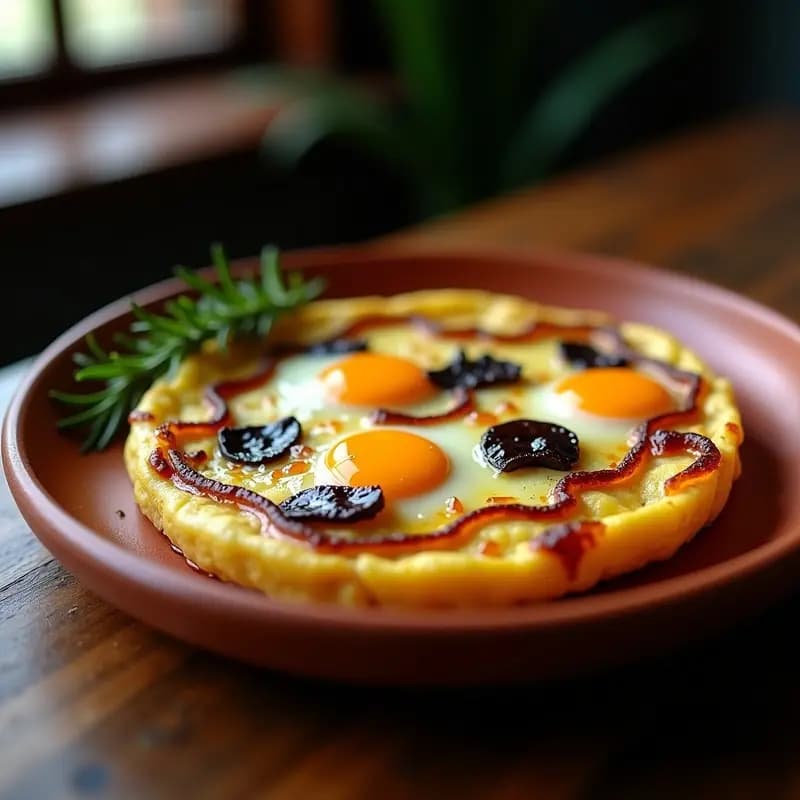 Tortilla española dorada con cebolla caramelizada y trozos de ajo negro, servida en plato de barro con fondo rústico.