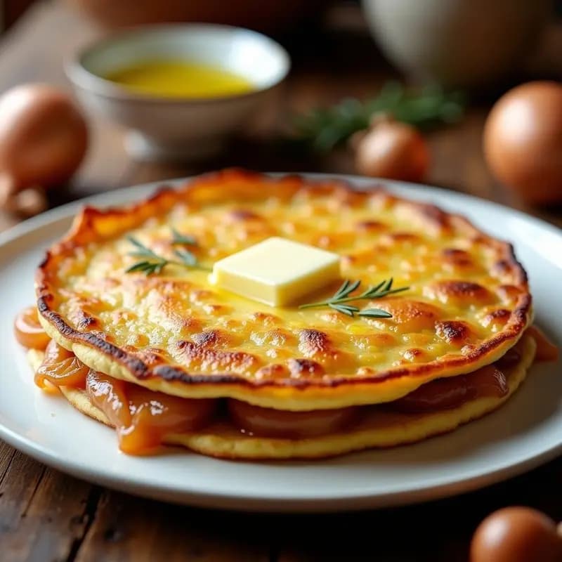 Tortilla dorada y esponjosa con cebolla caramelizada en su interior, servida en plato blanco rústico, receta de olla exprés.