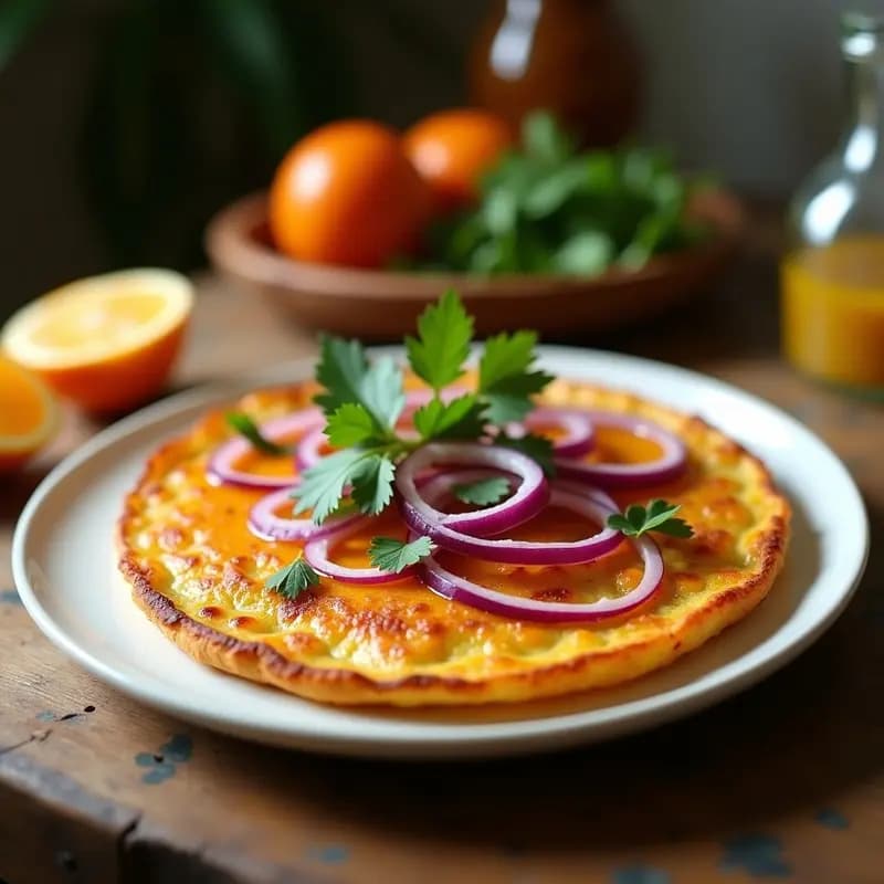 Tortilla dorada con trozos de cebolla morada salteada, bañada en vinagreta de naranja brillante, decorada con hojas de cilantro fresco sobre un plato de cerámica blanca.