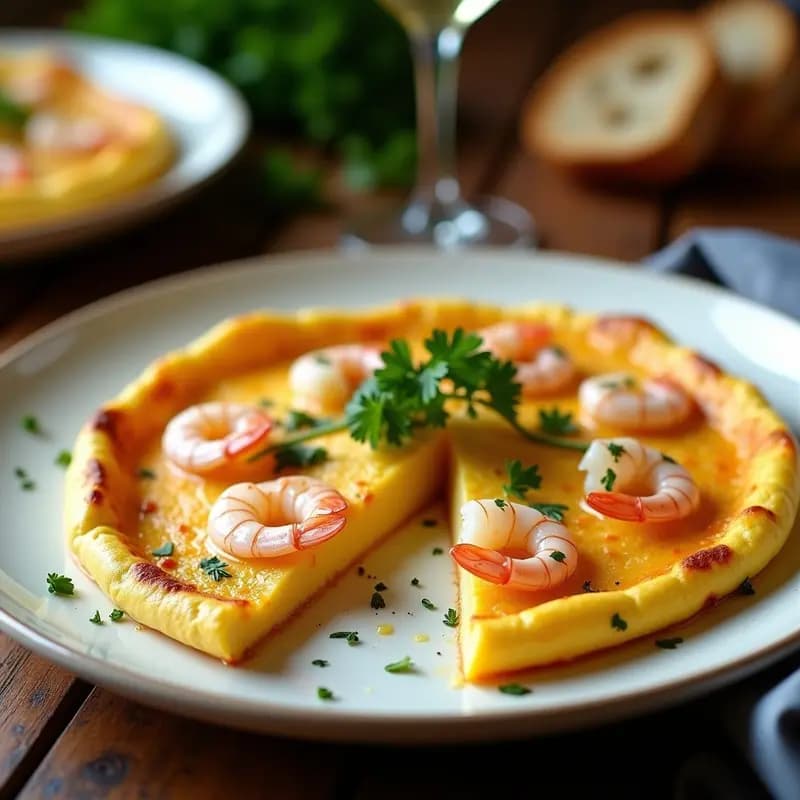 Tortilla dorada y esponjosa de chacoli y gambas servida en plato blanco rústico, con gambas visibles en su interior y perejil fresco espolvoreado por encima. Receta vasca con toque marinero.