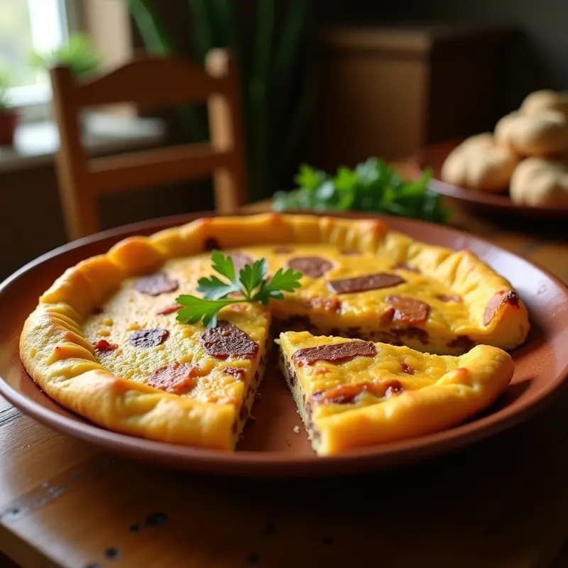 Tortilla gruesa y dorada de chamorros murciana con entrañas de cordero, cortada en porciones, servida en plato rústico de barro con fondo de cocina tradicional.