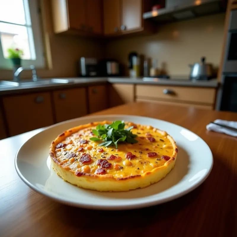 Tortilla de chicharros y ajetes tiernos dorada en sartén de hierro, con trozos de chicharros fritos y rodajas de ajetes visibles, decorada con perejil fresco. Receta andaluza de primavera sin lactosa.