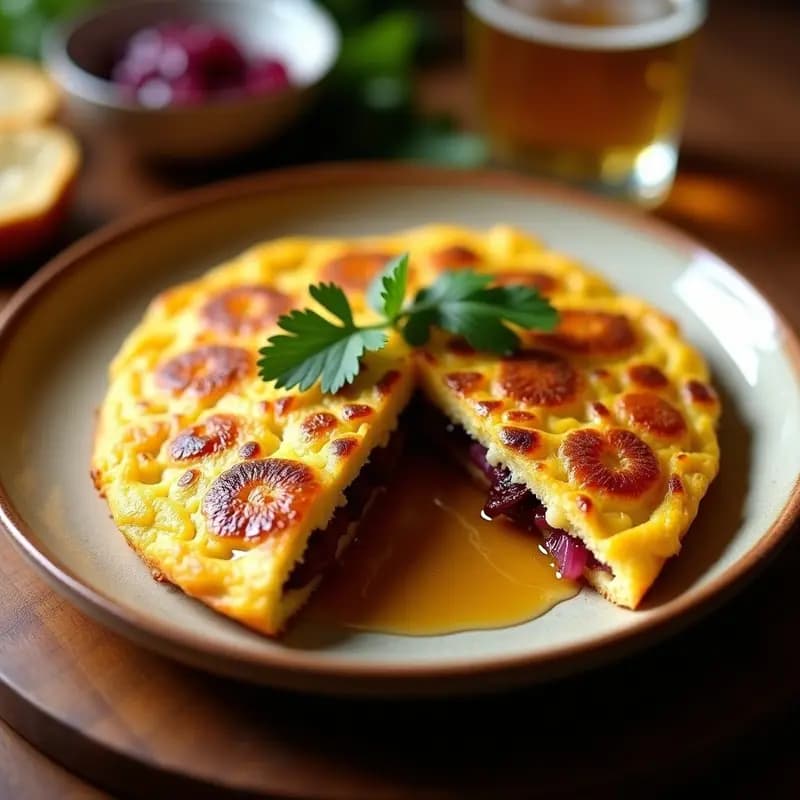 Tortilla dorada y esponjosa de chicharros y cebolla caramelizada servida en plato de bar, con trozos de boquerón crujiente y cebolla morada brillante, decorada con perejil fresco. Receta de tapa gaditana tradicional.