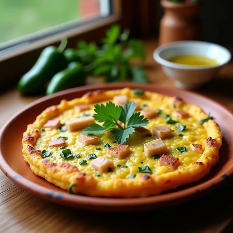 Tortilla dorada y jugosa de chicharros y pimiento verde servida en plato de barro, con trozos de pescado visibles y perejil fresco por encima. Receta canaria tradicional de aprovechamiento.