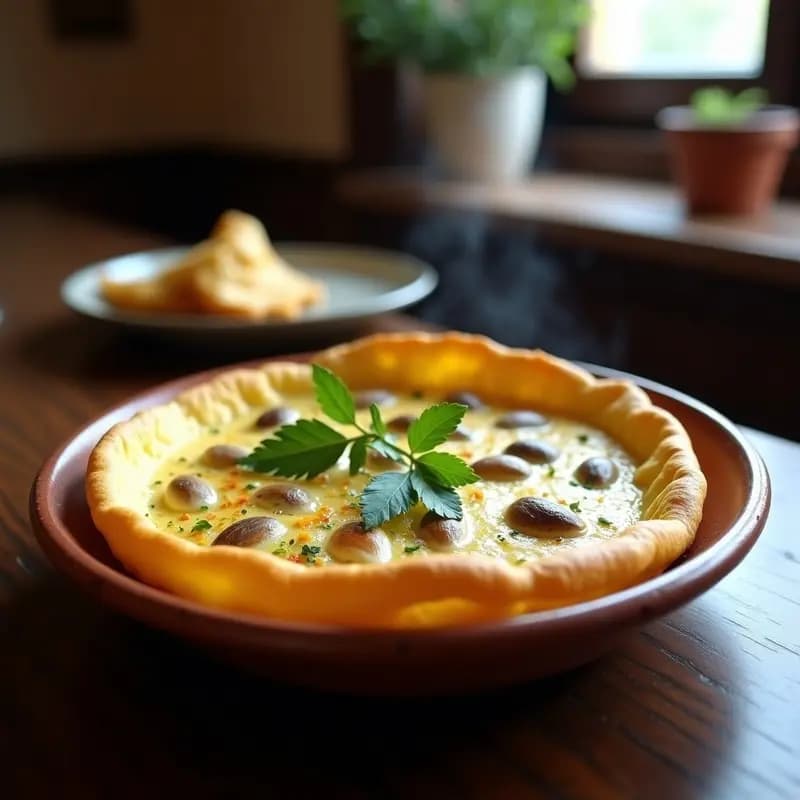 Tortilla de chirlas gaditana dorada y jugosa con almejas visibles, espolvoreada con perejil fresco, servida en plato de barro rústico con fondo de cocina tradicional andaluza.