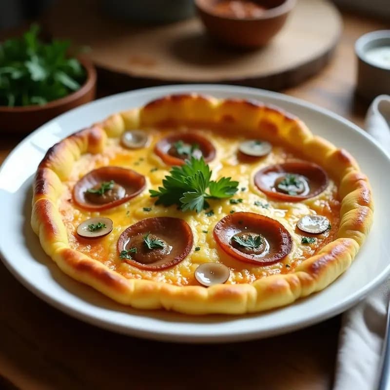 Tortilla dorada y esponjosa de chirlas y cebolla caramelizada servida en plato rústico, con trozos de almejas visibles y cebolla en tonos ámbar, acompañada de perejil fresco.