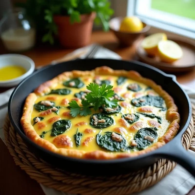 Tortilla de chirlas y espinacas dorada y jugosa en sartén antiadherente, con trocitos de chirlas y espinacas visibles, acompañada de perejil fresco y rodajas de limón, receta costera andaluza.