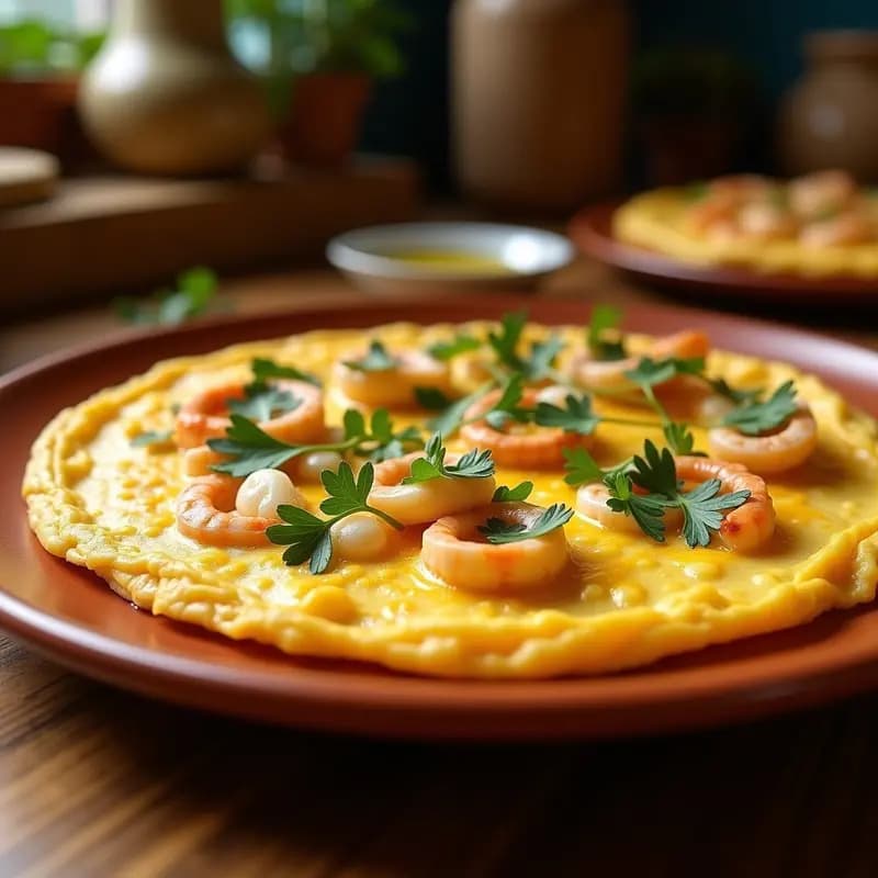 Tortilla dorada y jugosa de chirlas y gambas blancas servida en un plato de barro rústico, con trozos de marisco visibles y perejil fresco espolvoreado. Fonfo de cocina andaluza con luz natural.