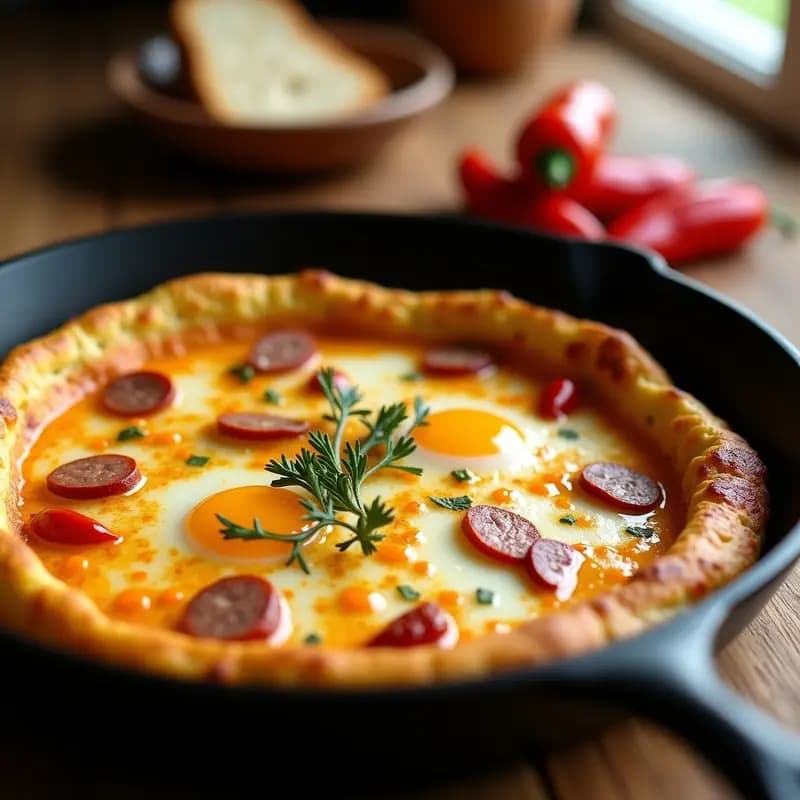 Tortilla dorada y jugosa de chistorra navarra y pimientos del piquillo en sartén antiadherente, con rodajas de cebolla caramelizada y trozos de chistorra visibles, receta tradicional navarra rápida y sabrosa.