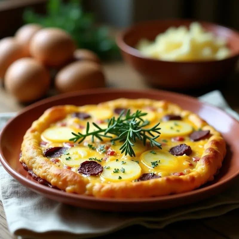 Tortilla dorada y jugosa de chivos y patatas con hierbas aromáticas, servida en plato rústico de barro. Se aprecian trozos de chivo, rodajas de patata y hojas de tomillo y romero fresco. Receta tradicional de montaña española.