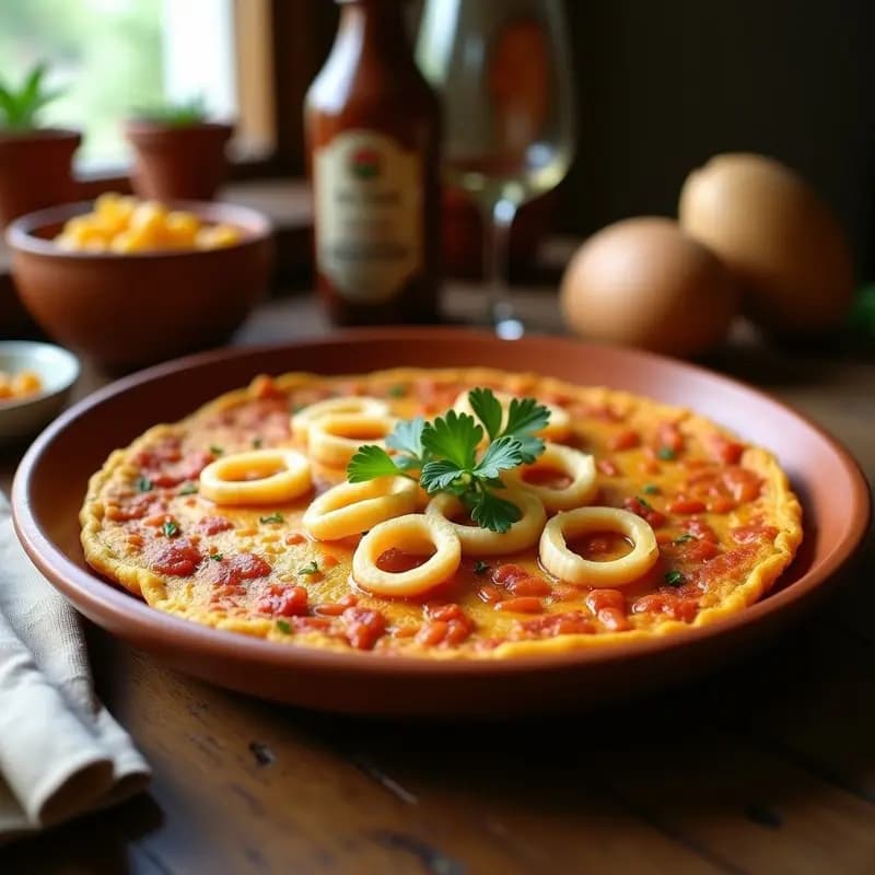 Tortilla dorada y esponjosa de chochos con anillos de calamares, decorada con perejil fresco, servida en un plato de barro rústico sobre una mesa de madera.
