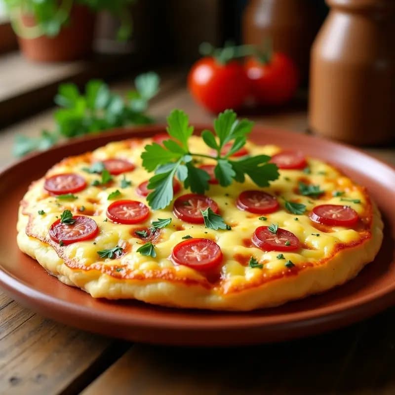 Tortilla dorada y esponjosa de chochos y chorizo canaria, servida en plato de barro con perejil fresco espolvoreado, fondo rústico de madera.