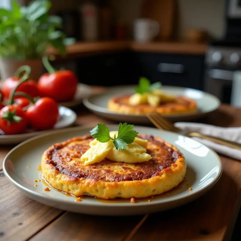 Tortilla dorada de chocos y habas tiernas servida en plato de barro rústico, con trozos visibles de chocos y habas, acompañada de perejil fresco y un chorrito de aceite de oliva virgen extra, receta tradicional murciana de Semana Santa.