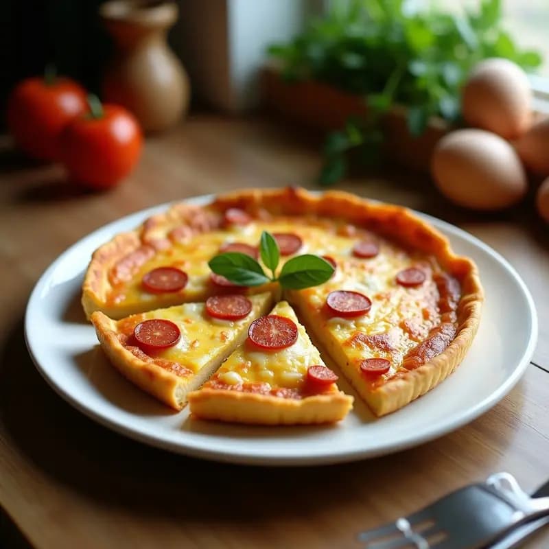Tortilla dorada y jugosa de chorizo y cebolla cortada en porciones, con trozos de chorizo fresco y cebolla pochada visibles en su interior, servida en un plato de cerámica blanca sobre una mesa rústica.