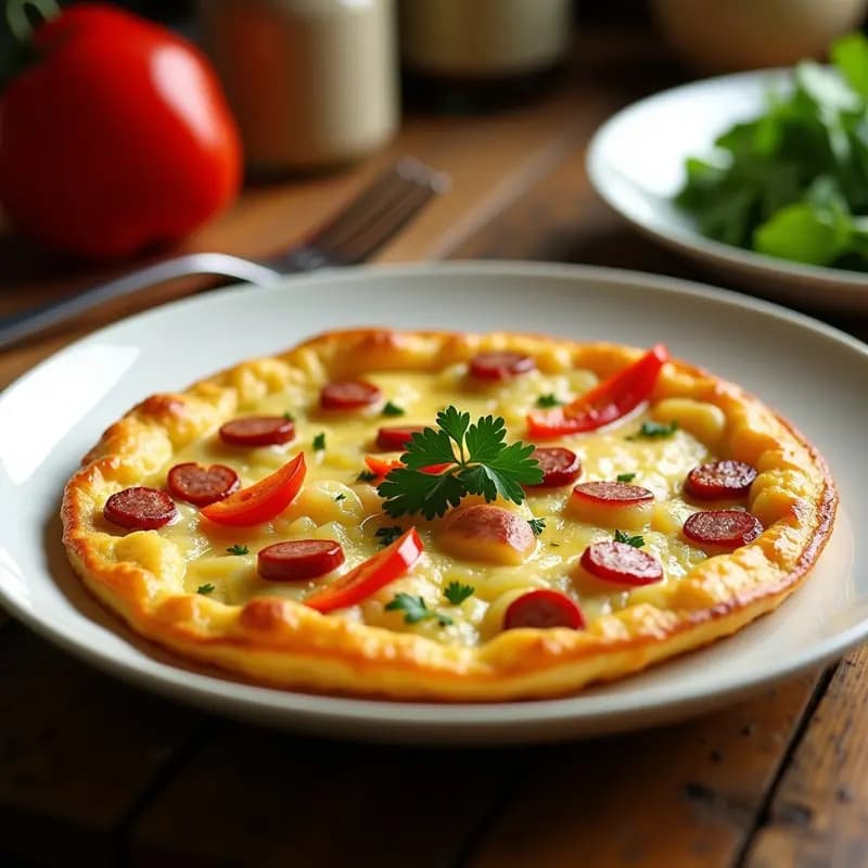 Tortilla dorada y esponjosa con trozos de chorizo ibérico bajo en grasa, patatas y pimientos rojos, servida en plato blanco con perejil fresco espolvoreado. Receta de tortilla de chorizo y patata bajo en colesterol.