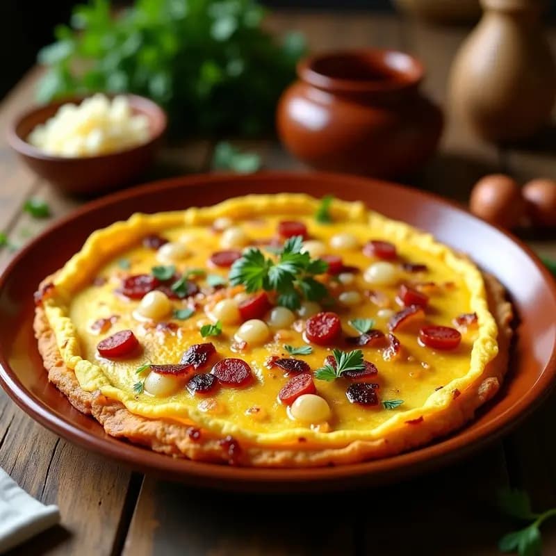 Tortilla dorada y espesa de chorizo y patata servida en plato de barro, con trozos de cebolla morada y chorizo visibles, receta en olla rápida.