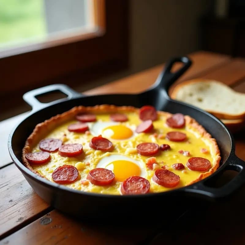 Tortilla de chorizo y patata dorada y jugosa en una sartén de hierro, con trozos de chorizo fresco y patata visible, servida sobre un plato de madera rústico, acompañada de una rebanada de pan. Receta contundente para décimas de segunda.